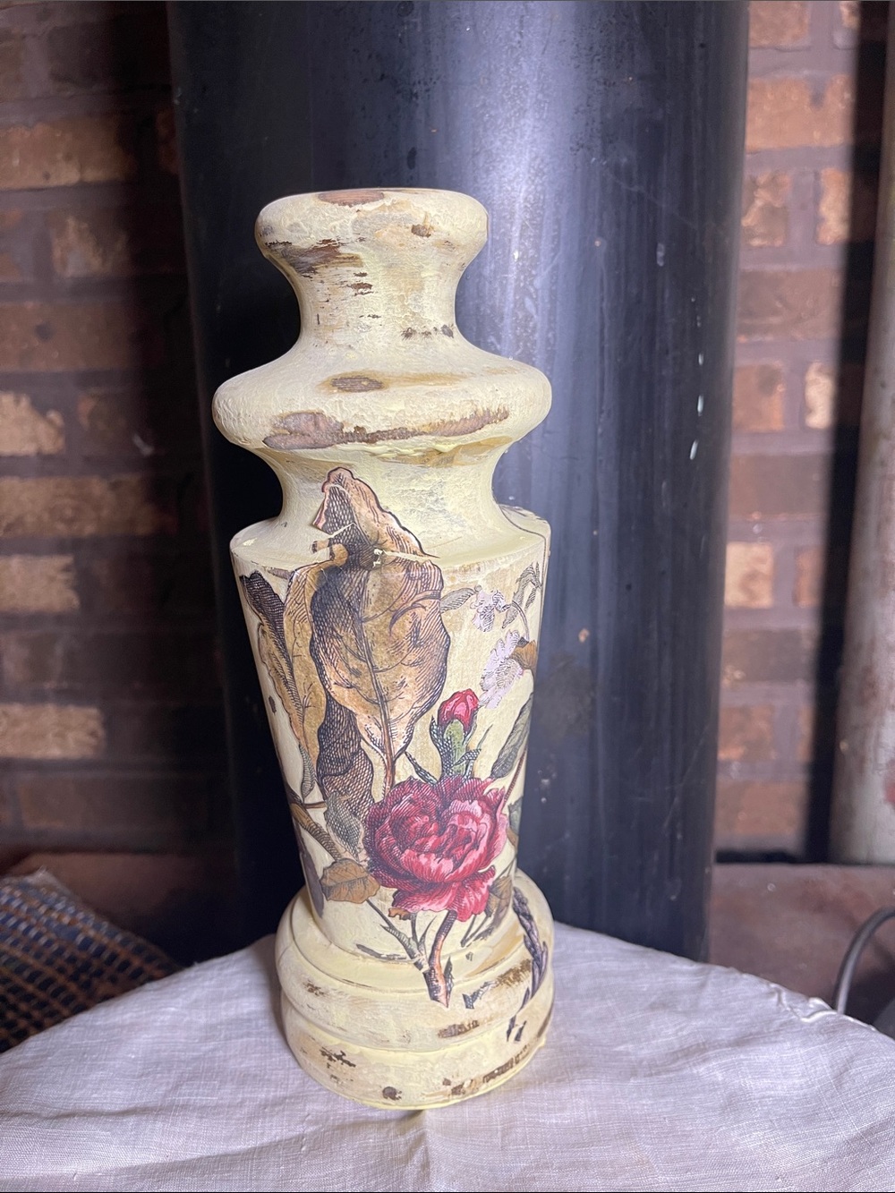 Handmade Bed Post Chippy Yellow Floral Decorative Pillar - 10” tall